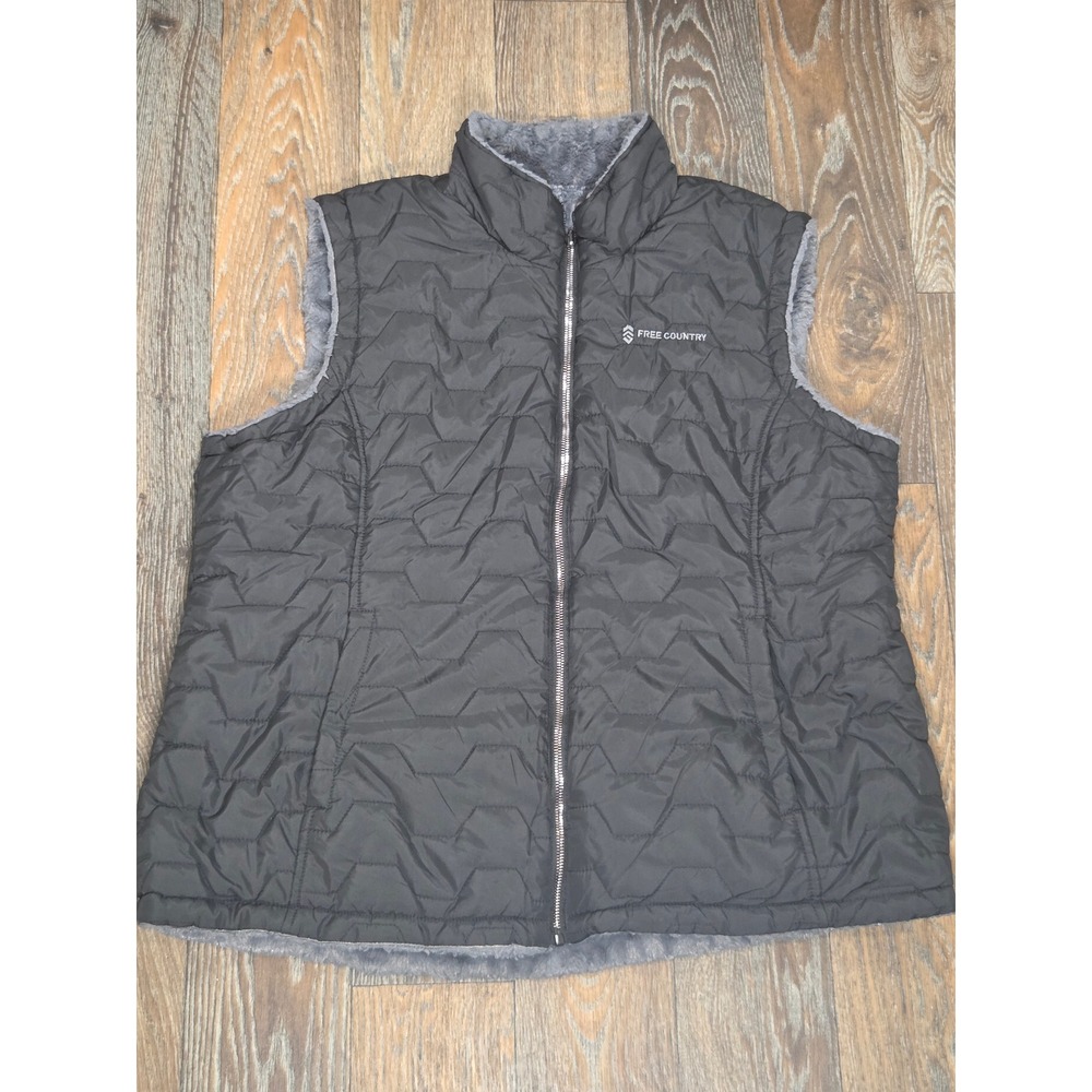 Free Country Reversible Quilted Puffer Vest Black Grey Faux Fur Lined Womens 2X